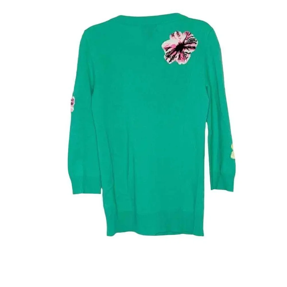 J. Crew Collection Italian Cashmere Green Floral Button Neck Sweater Women’s XS